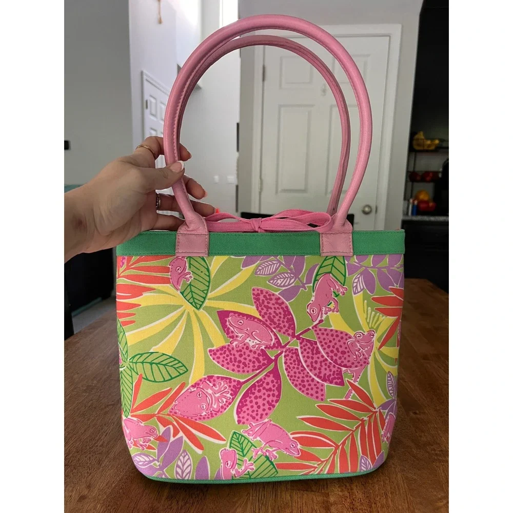 Lilly Pulitzer Tropical Frog Print Canvas Tote Bag Pink Green Palm Tree Zip